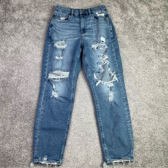 America Eagle Mom Jeans Womens 0* Blue Tapered High Waist Medium Wash Torn Curvy - Picture 1 of 13